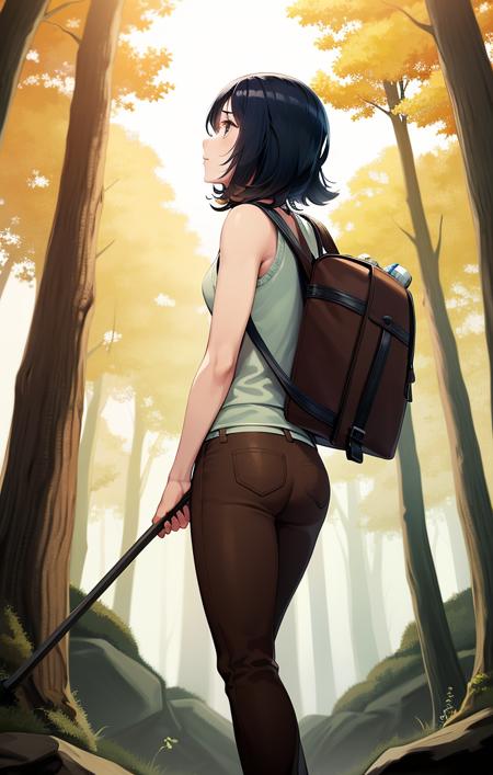 51308-3847105821-soft lighting, best quality, low angle from behind, standing one leg up on rock, vanishing point, sunset, forest, khaki pants, t.png